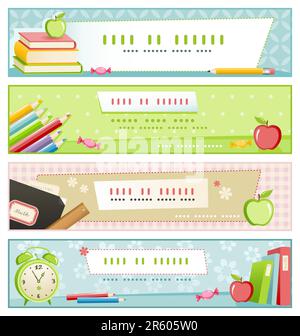 set of four different pastel colored banners on school related topics Stock Vector