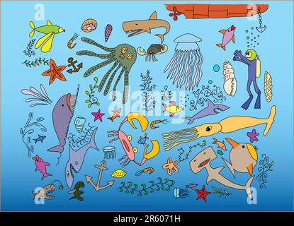 hand drawn sea creatures doodles Stock Vector