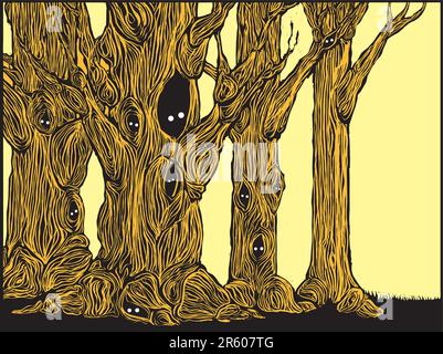 Grove of spooky trees in woodcut style with eyes peering from hollows. Stock Vector