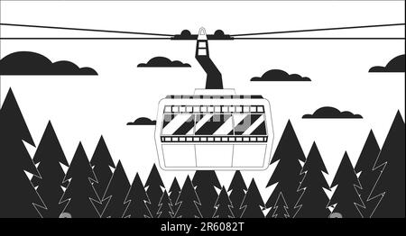 Cabin ropeway above forest skyline black and white lo fi chill wallpaper Stock Vector