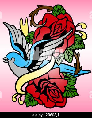 flying swallow with rose portrait Stock Vector