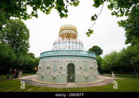 A view of Portuguese artist Joana Vasconcelos' new installation Wedding Cake at Waddesdon Manor in Aylesbury, Buckinghamshire. The 12-metre-high sculptural pavilion in the form of a three-tiered wedding cake is clad in ceramic tiles and was comissioned by the Rothschild Foundation for Waddesdon. Picture date: Tuesday June 6, 2023. Stock Photo