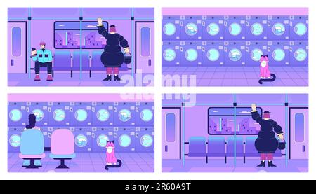 Rail travel, laundromat lo fi chill wallpaper set Stock Vector