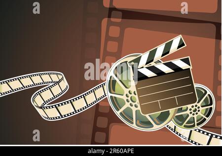 Vector illustration of abstract background with film, clapperboard and a film reel Stock Vector