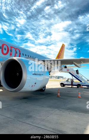 2 April 2023 Cyprus. Pegasus airlines boarding on a cloudy day Stock Photo