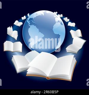 Open books are flying around earth globe in space. Stock Vector