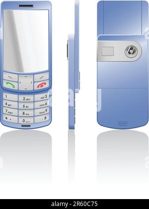 Vector photorealistic illustration of a blue cellphone-slider with white buttons, open Stock Vector