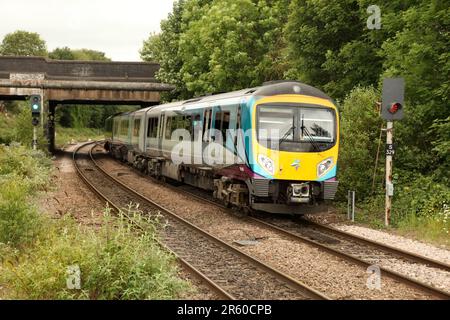 First Transpennine Class 185 DMU 185146 brings the 1B70 0819 Liverpool Lime Street to Cleethorpes service into Scunthorpe station at 1102 on 6/6/23. Stock Photo