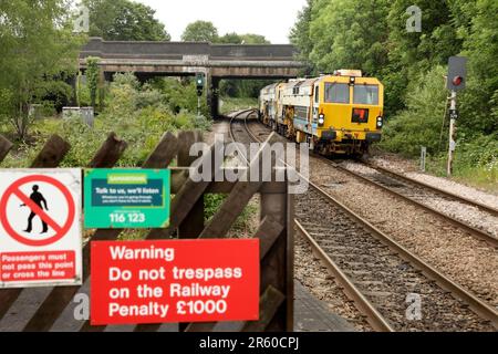 Volker Rail Matisa Tampers DR75303 and DR75405 passing through Scunthorpe with the 6J31 0857 Sleaford - Scunthorpe infrastructure service on 6/6/23. Stock Photo