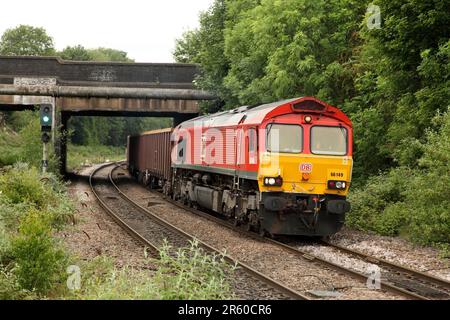 DB Cargo Class 66 diesel loco 66149 hauls the 6Z45 0944 Milford Sidings to Scunthorpe service into Scunthorpe station on 6/6/23. Stock Photo