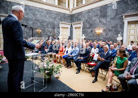 Brussels, Belgium. 06th June, 2023. Count and Countess Herman Van Rompuy and King Philippe - Filip of Belgium pictured during a ceremony to award the 'Francqui-Collen Prize' scientific awards for 2023, Tuesday 06 June 2023 in Brussels. The scientific prize, which is often referred to as the 'Belgian Nobel Prize', is awarded by The Francqui Foundation and is worth 250.000 euros. BELGA PHOTO JASPER JACOBS Credit: Belga News Agency/Alamy Live News