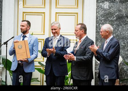 Brussels, Belgium. 06th June, 2023. Philippe Lemey (L), King Philippe - Filip of Belgium (2L) and Herman Van Rompuy (R) pictured during a ceremony to award the 'Francqui-Collen Prize' scientific awards for 2023, Tuesday 06 June 2023 in Brussels. The scientific prize, which is often referred to as the 'Belgian Nobel Prize', is awarded by The Francqui Foundation and is worth 250.000 euros. BELGA PHOTO JASPER JACOBS Credit: Belga News Agency/Alamy Live News