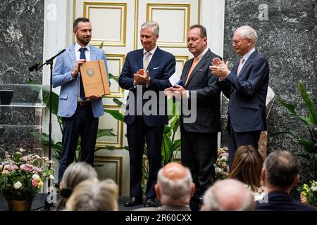 Brussels, Belgium. 06th June, 2023. Philippe Lemey (L), King Philippe - Filip of Belgium (2L) and Herman Van Rompuy (R) pictured during a ceremony to award the 'Francqui-Collen Prize' scientific awards for 2023, Tuesday 06 June 2023 in Brussels. The scientific prize, which is often referred to as the 'Belgian Nobel Prize', is awarded by The Francqui Foundation and is worth 250.000 euros. BELGA PHOTO JASPER JACOBS Credit: Belga News Agency/Alamy Live News Stock Photo