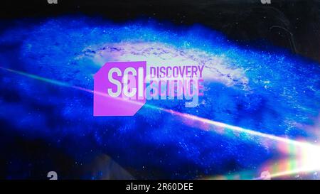 9 June 2022 Eskisehir Turkey. Discovery science logo on tv close up view Stock Photo