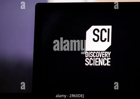 9 June 2022 Eskisehir Turkey. Discovery science logo on tv close up view Stock Photo