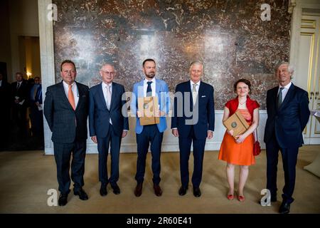Brussels, Belgium. 06th June, 2023. Herman Van Rompuy (2L), Philippe Lemey (C), King Philippe - Filip of Belgium (3R) and Sarah-Maria Fendt (2R) pose for the photographer after a ceremony to award the 'Francqui-Collen Prize' scientific awards for 2023, Tuesday 06 June 2023 in Brussels. The scientific prize, which is often referred to as the 'Belgian Nobel Prize', is awarded by The Francqui Foundation and is worth 250.000 euros. BELGA PHOTO JASPER JACOBS Credit: Belga News Agency/Alamy Live News