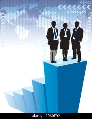 Successful business team is standing on a large graph, world map in the background. The base map is from Central Intelligence Agency Web site. Stock Vector