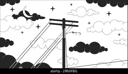 Telephone pole on dreamy night sky black and white lo fi chill wallpaper Stock Vector