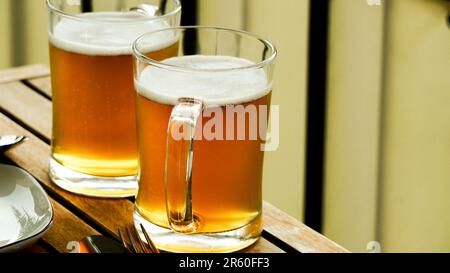 Two pints of homemade beer close up view Stock Photo