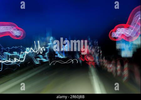 Driving night in the car,abstract, asphalt, auto, automobile, blur, blurred, car, city, cityscape, curve, dark, dash, dashboard, downtown, drive, Stock Photo