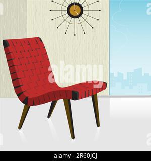 Vintage/retro red chair with a stylish background; easy-edit layered file makes changing the chair color simple. Stock Vector