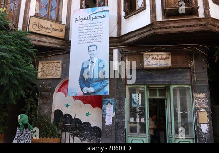 Damascus, Syria. 05th June, 2023. A portrait of Bashar al Assad on a traditional Octomane house, Damascus, Syria, June 5 2023. (Photo by Elisa Gestri/Sipa USA) Credit: Sipa USA/Alamy Live News Stock Photo