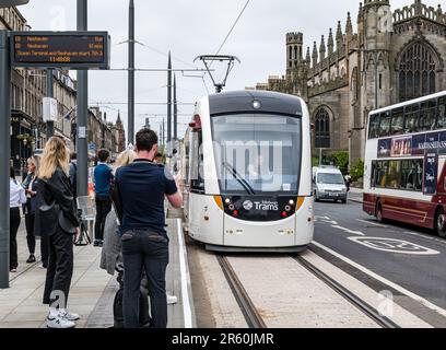 Edinburgh, Scotland, UK, 06 June 2023. Trams to Newhaven: After 3.5 years the extension to the capital city’s tram line has a special press trip from Picardy Place to Newhaven ahead of welcoming passengers from noon tomorrow. Trams to Newhaven adds 2.91 miles of track connecting Leith and Newhaven to the current end of the Edinburgh tram line at York Place with 8 new stops. Pictured: tram at Picardy Place, the first stop on the extension. Credit: Sally Anderson/Alamy Live News Stock Photo