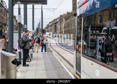 Edinburgh, Scotland, UK, 06 June 2023. Trams to Newhaven: After 3.5 years the extension to the capital city’s tram line has a special press trip from Picardy Place to Newhaven ahead of welcoming passengers from noon tomorrow. Trams to Newhaven adds 2.91 miles of track connecting Leith and Newhaven to the current end of the Edinburgh tram line at York Place with 8 new stops. Pictured: tram at Picardy Place, the first stop on the extension. Credit: Sally Anderson/Alamy Live News Stock Photo