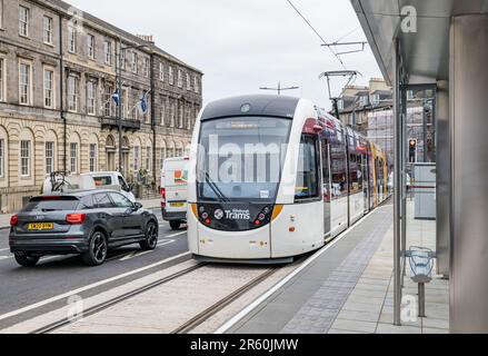 Edinburgh, Scotland, UK, 06 June 2023. Trams to Newhaven: After 3.5 years the extension to the capital city’s tram line has a special press trip from Picardy Place to Newhaven ahead of welcoming passengers from noon tomorrow. Trams to Newhaven adds 2.91 miles of track connecting Leith and Newhaven to the current end of the Edinburgh tram line at York Place with 8 new stops. Pictured: tram at Picardy Place, the first stop on the extension. Credit: Sally Anderson/Alamy Live News Stock Photo