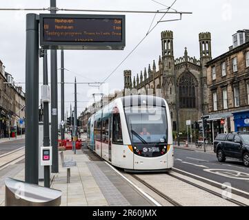 Edinburgh, Scotland, UK, 06 June 2023. Trams to Newhaven: After 3.5 years the extension to the capital city’s tram line has a special press trip from Picardy Place to Newhaven ahead of welcoming passengers from noon tomorrow. Trams to Newhaven adds 2.91 miles of track connecting Leith and Newhaven to the current end of the Edinburgh tram line at York Place with 8 new stops. Pictured: tram at Picardy Place, the first stop on the extension. Credit: Sally Anderson/Alamy Live News Stock Photo