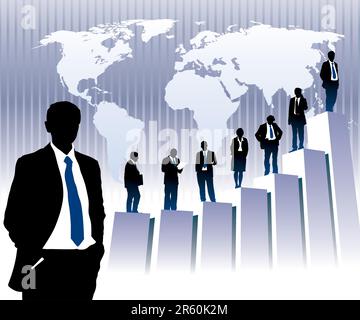 Successful people are standing on a large graph, world map in the background. The base map is from Central Intelligence Agency Web site. Stock Vector