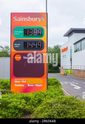 Sign showing petrol and diesel prices at Sainsbury's store in Victoria Road,Darlington,England,UK Stock Photo