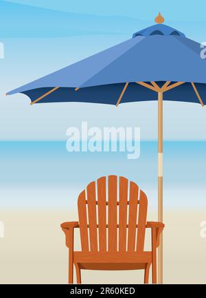 Adirondack Chair and Market Umbrella at beach; Chair and Umbrella are complete. Easy-edit layered file. Stock Vector