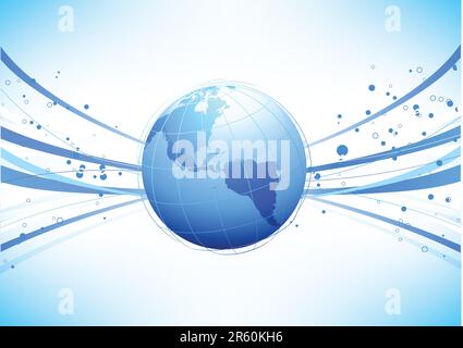 Vector illustration of blue abstract lines background - composition of curved lines and globe Stock Vector