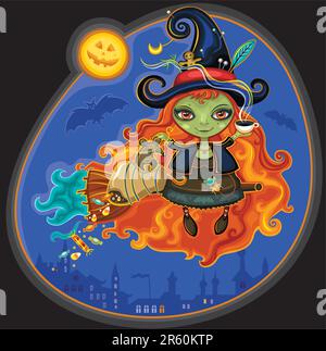 Young funny witch is flying on her broom, with little rat, at Halloween night, over the moon. Bag with candies attached to the broom Stock Vector