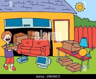 Cartoon image of person getting ready for a garage sale. Stock Vector