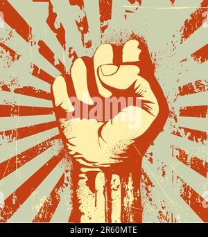 Vector illustration of clenched fist held high in protest on the red grunge urban background Stock Vector