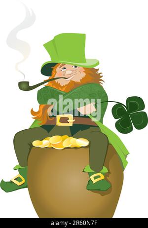 Illustration of traditional Irish Leprechaun sat with pot of gold holding four leaf clover and smoking pipe Stock Vector
