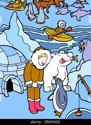 Child lives near an igloo and fishes in the arctic cold with polar bear, sea lion, penguins, and sled dogs. Stock Vector