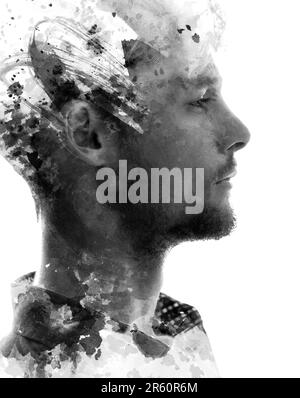 A paintography man's profile portrait with paint splashes and brush strokes Stock Photo