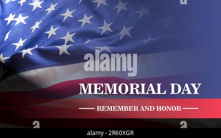 Memorial day, remember and honor text on USA flag background. US America National Holiday celebration Stock Photo