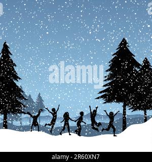 Silhouettes of children playing in the snow Stock Vector
