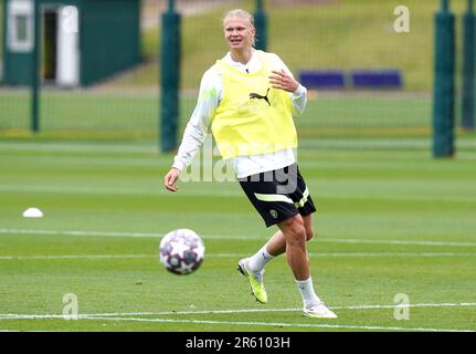 Manchester City's Erling Haaland during a training session at the City Football Academy, Manchester. Manchester City will play Inter Milan in the UEFA Champions League Final on Saturday June 10th. Picture date: Tuesday June 6, 2023. Stock Photo