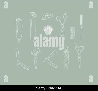 Barbershop collection with clipper, trimmer, blade, shaving brush, scissors, comb, straight razor, barber pole drawing on green background Stock Vector