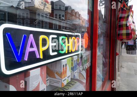 London, UK. 6th June, 2023. A vape shop sign on Balham High Street. The government is seeking to close a legal loophole that allows free samples to be given to children. Credit: Anna Watson/Alamy Live News Stock Photo