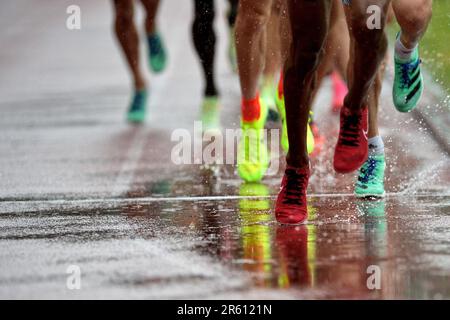 Prague, Czech Republic. 5th June, 2023. Rainy weather and runners in feature in the men's 1500m during the Josef Odlozil Memorial Athletic Classic Meeting EA Continental Bronze Tour in Prague in the Czech Republic. (Credit Image: © Slavek Ruta/ZUMA Press Wire) EDITORIAL USAGE ONLY! Not for Commercial USAGE! Stock Photo