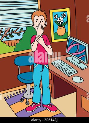 Young man develops carpal tunnel syndrome from repetitive mouse movement on his computer. Stock Vector