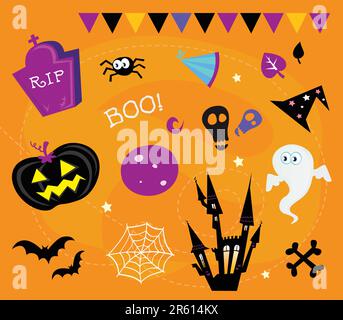 Retro halloween icons and graphic elements isolated on orange background. Vector Illustration. Stock Vector