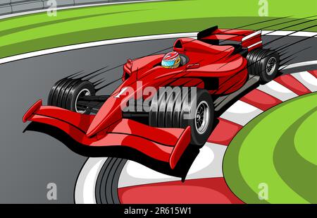 The red car the formula 1 on road. In movement. Stock Vector