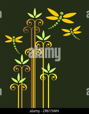 Abstract design with flowers and dragonflies on a pink background ...